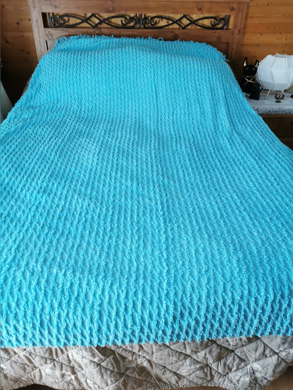 Vintage Aqua Turquoise Chenille Tufted Fringe Throw Bedspread